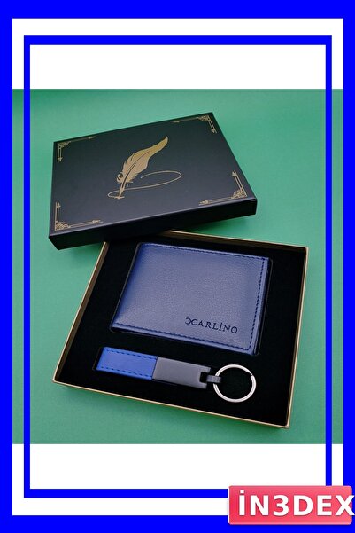 İN3DEX Blue Faux Leather Wallet and Keychain Set with Box
