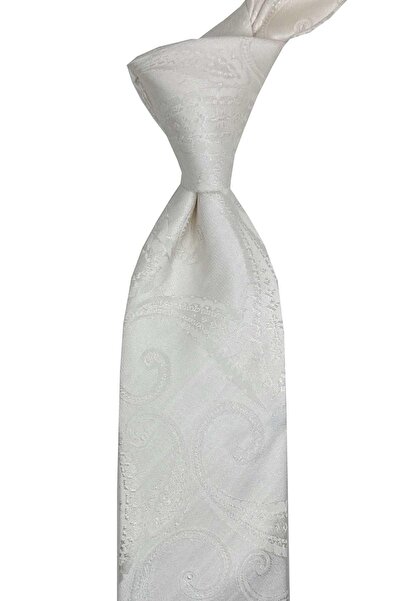 Kravatkolik Indiritto Style White Shawl Pattern Italian Silk Tie İk2267