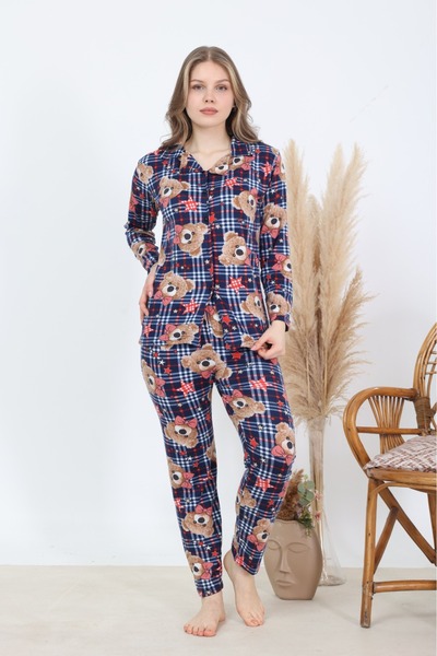 BARAY TEKSTİL Kadın Milan Kumaş Yumuşak Dokulu Ayıcıklı Düğmeli Pijama Takımı