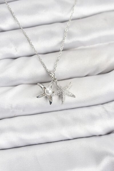 Nehir 316L Steel Chain Silver Color Sea Star Model Zircon Stone Women's Neckl...