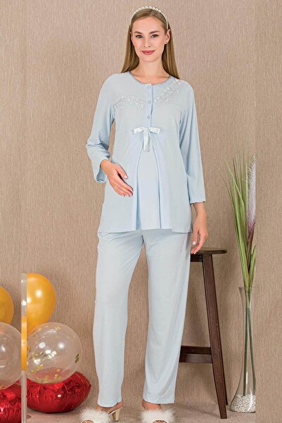 REN Women's 2-Piece Long Sleeve Maternity Pajama Set, Nursing Buttoned