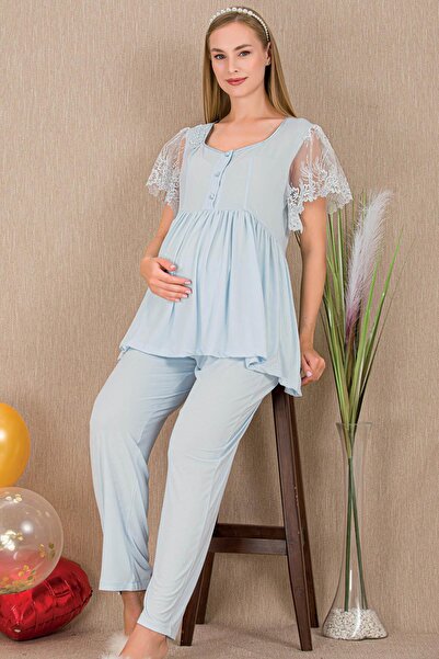 REN Women's 2-Piece Short Sleeve Maternity Pajama Set, Tulle Lace Detail on S...