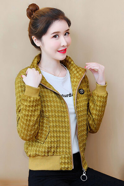 dorbe stylish houndstooth pattern zip-up winter women's jacket with plush lining