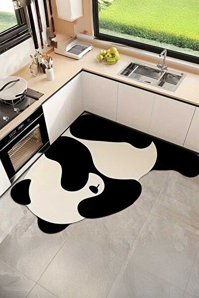 Qatalina Özel Kesim Panda Desenli Kaymaz Mutfak Halısı | Modern Siyah Beyaz T...