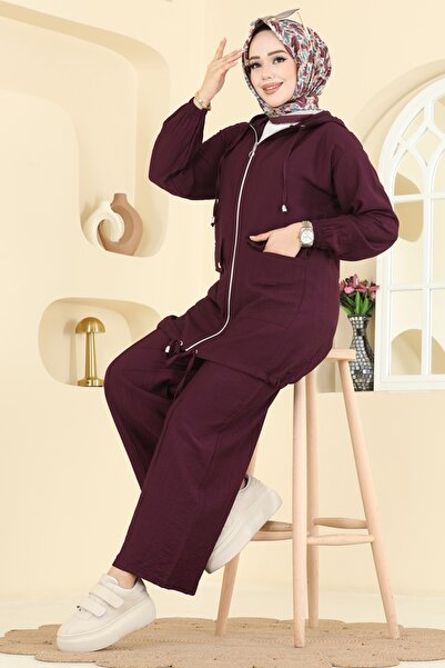 ModaMerve Kapüşon Detaylı Pantolonlu Takım 3258HBS856-MS Mürdüm