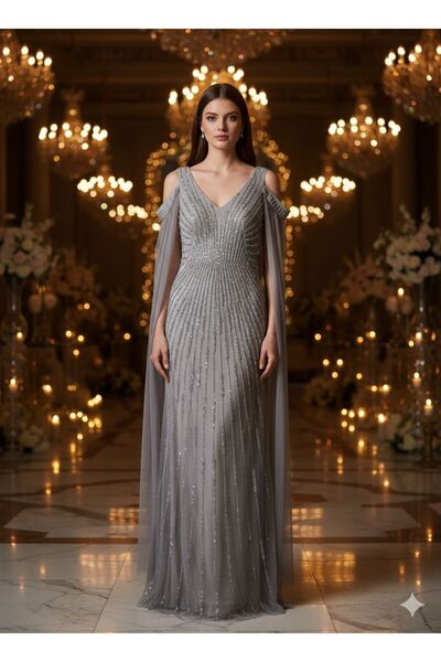 ZEKERİYA SEZER kadın Zarif Işıltılı Taş İşlemeli, Gri Uzun Abiye Elbise 8450