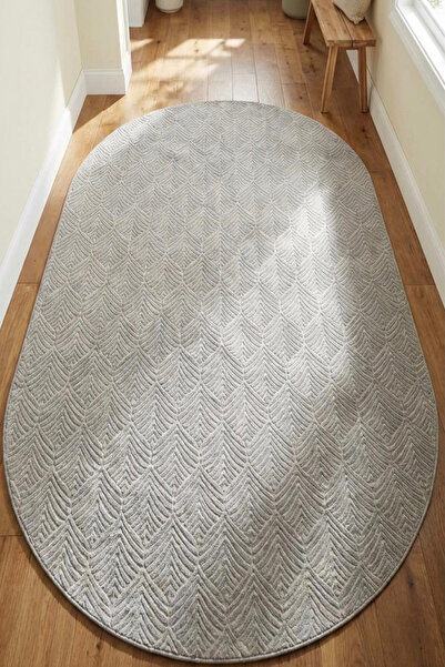 Raschel Carpet Yaprak Oval Açık Gri Emboss Premium Seri Yeni Nesil Kaymaz Tab...