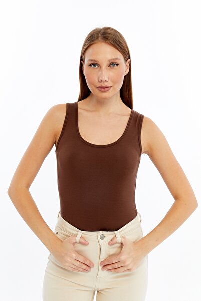 LAENT Women's Brown Basic Tank Top with Thick Straps