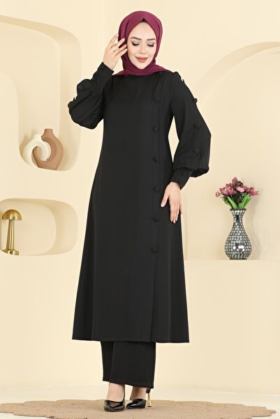 ModaMerve Aksesuar Düğmeli İthal Krep Takım 8217AB368-MS Siyah