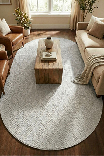 Raschel Carpet Premium Oval Yıkanabilir Leke Tutmaz Yaprak Emboss Açık Gri Öz...