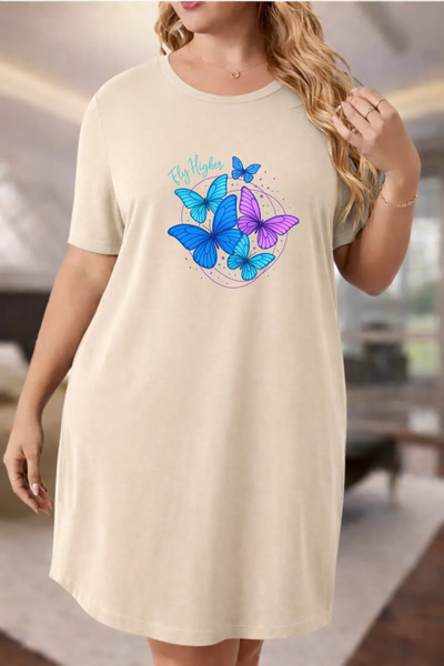 Pink Sky Rochie tricou cu mânecă scurtă pentru femei de mărime mare, cu decol...