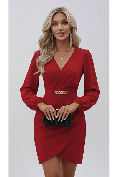 JANES Double-Breasted Crepe Fabric Mini Evening Dress with Collar Chain Detai...