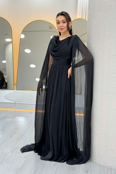 zks grup tekstil Women's Degaje Collar Draped Cape Sleeve Long Evening Dress ...