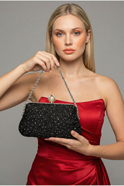 Biçanta Special Design Black Color Wrinkled Stone Satin Chain Handle Women's ...