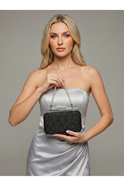 Biçanta Special Design Black Color Wrinkled Stone Satin Chain Handle Women's ...