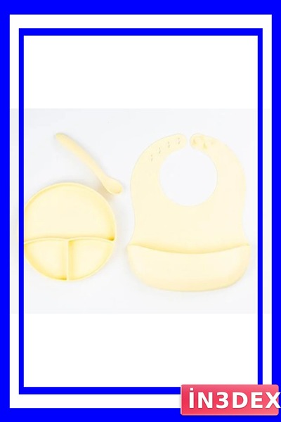 İN3DEX طقم تغذية من السيليكون مكون من 3 قطع للأطفال - مريلة، ملعقة وطبق