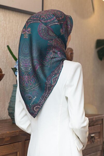 Vissona Tivil İpek Eşarp IST 60825-11 Petrol Yeşil Şal Desen