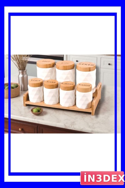 İN3DEX 7-Piece Ceramic Spice Storage Container Set with Wooden Stand