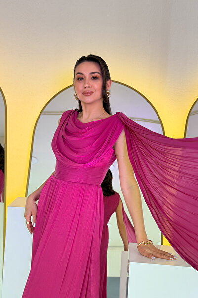 zks grup tekstil Women's Degaje Collar Draped Cape Sleeve Long Evening Dress ...