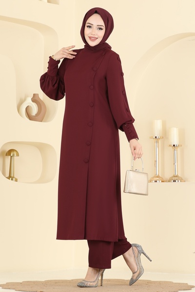 ModaMerve Aksesuar Düğmeli İthal Krep Takım 8217AB368-MS Bordo