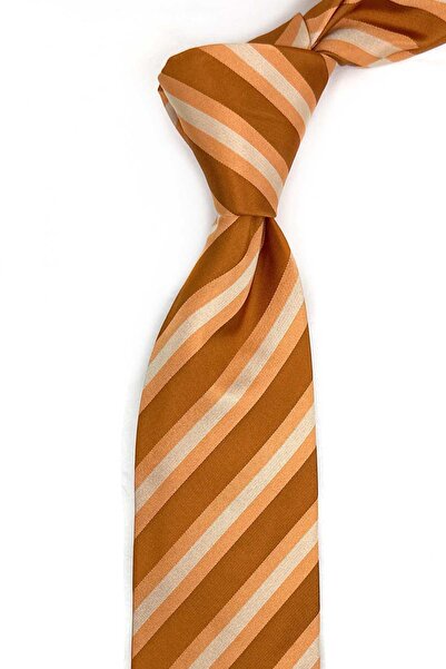 Kravatkolik Gerbido Style Orange Stripe Pattern Italian Silk Tie İk2254
