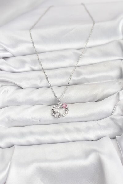 BSRE Silver Color Women's Necklace with Pink Stone Detail and Wreath Figure (...