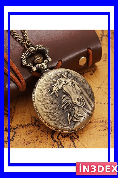 İN3DEX Vintage At Figürlü Köstekli Cep Saati Bronz Renk