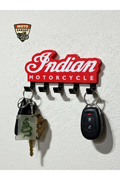 MotoGarage Indian Motorcycle Logolu Duvar Anahtarlığı - 3D 5 Askılı Dekoratif Motorcu Askısı - 15 cm