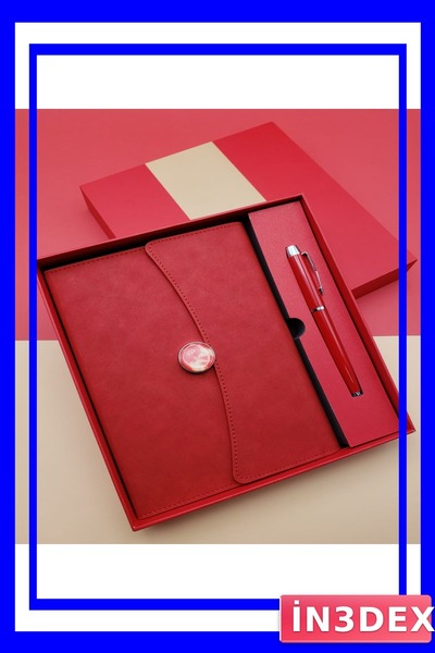 İN3DEX Red Striped Notebook and Metal Pen Set 96 Sheets
