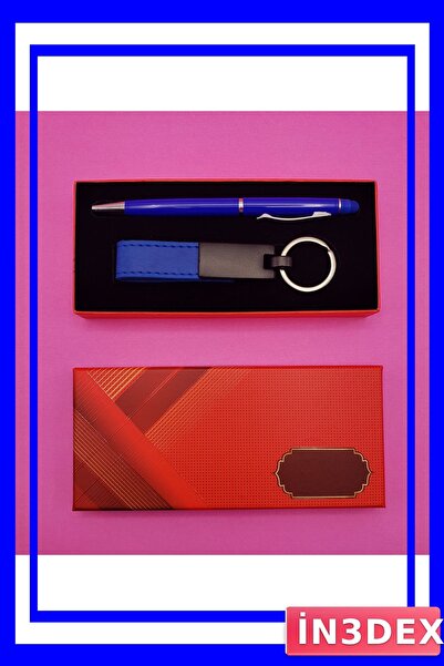 İN3DEX Navy Blue Leather Keychain and Touch Pen Set with Red Box
