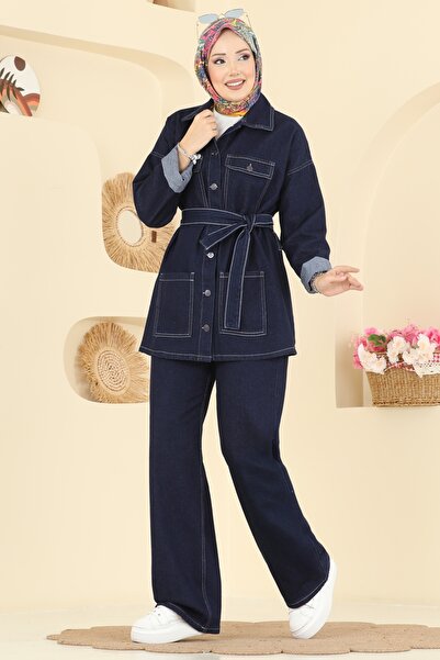 ModaMerve Beli Kuşaklı Kot Takım 1339ANT466-MS Koyu Kot