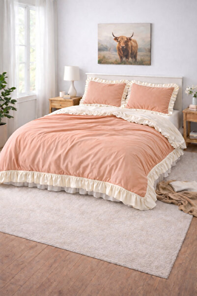 GÖRMEZ TEKSTİL Warm Cotton Salmon - Single Ruffle Duvet Cover Set Natural Cotton