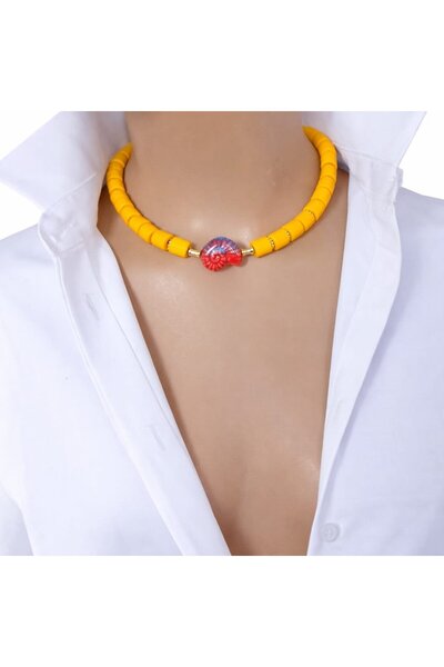 Sinem Şanlı Atelier Yellow Porcelain Snail Detailed Handmade Glass Bead Necklace