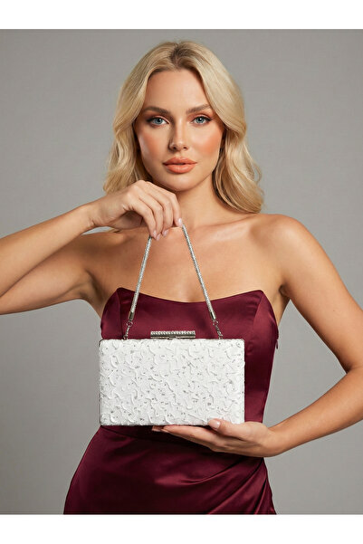 Biçanta Special Design Ecru Color Wrinkled Stone Satin Chain Handle Women's E...