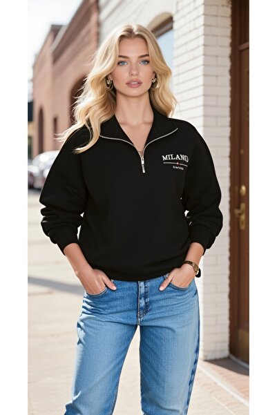 StyleweaR Black Stand-Up Collar Half-Zip 2-Thread Sweatshirt with Raised Stit...