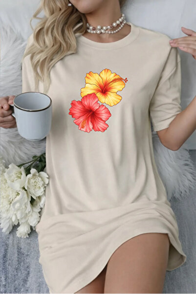 Pink Sky Büyük Beden Kadın Kısa Kollu Bisiklet Yaka T-shirt Elbise Gecelik