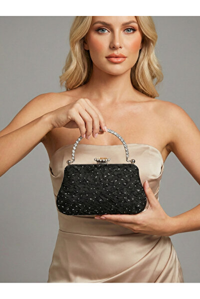 Biçanta Special Design Black Color Wrinkled Stone Satin Chain Handle Women's ...