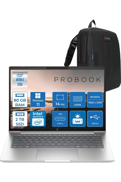 HP Probook 4 G1I Aı Ultra 5 225U 80GB Ddr5 2tb SSD W11HOME 14" WUXGA IPS C9FH...