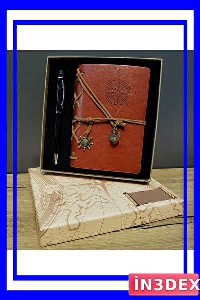 İN3DEX دفتر ملاحظات بوصلة مطبوع بغلاف جلدي ومجموعة أقلام متعددة الأغراض