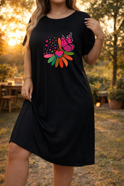 Pink Sky Rochie tricou cu mânecă scurtă pentru femei de mărime mare, cu decol...