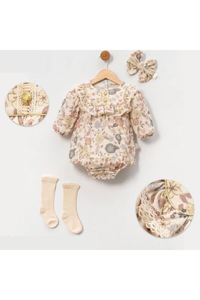 Butik KIZ BEBEK%100 PAMUKLU 3 PARÇA SALOPET TAKIM ÇİÇEK DESENLİ