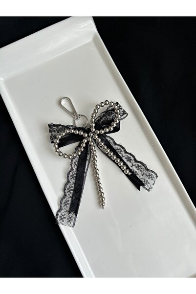Handmade İnci Detaylı Siyah Dantel Fiyonklu Çanta & Anahtarlık Charm