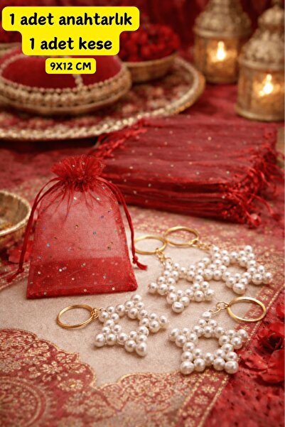Emtory Home İnci Yıldız Anahtarlık Hediyelik Set | Kırmızı Simli Kese 9x12 cm