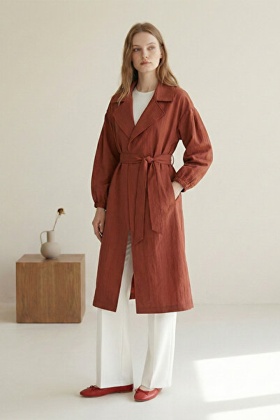 Kirazgym Women's Double-Breasted Sleeve Elastic Belted Lined Trench Coat - Tile