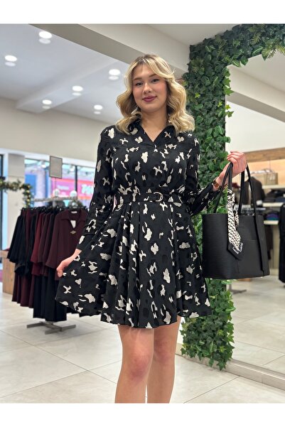 AYHAN Kadın Kruvaze,Kemerli, Gömlek Yaka ,Desenli ,Şifon Elbise