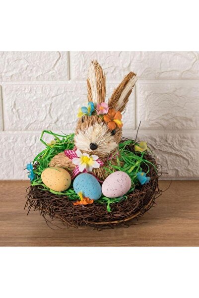 OEM Easter Decoration Basket - Grass Nest with Rabbit Eggs 19cm Ideal Home Or...