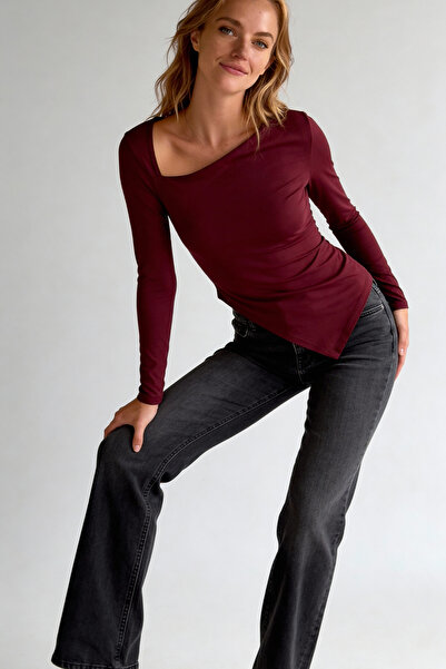 Evelora Bordo Asimetrik Kesim Slim Fit Full Likralı Kadın Body Bluz