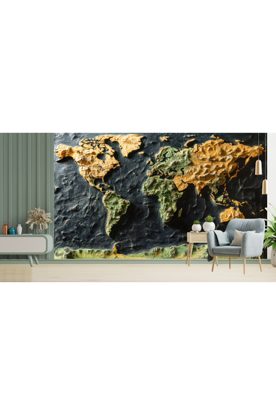 Tasarım Kabartma Dünya Haritası Duvar Kağıdı – Koyu Okyanus ve Altın Toprak T...