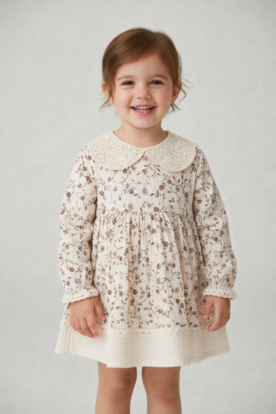 Laria Çiçek Baskılı Yakası Dantelli Bebek Çocuk Elbise