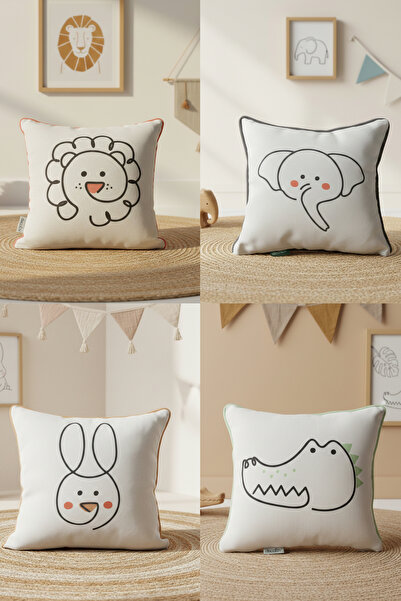 decofav Fețe de animale – Set de 4 perne pentru copii cu tematică animală, cu...